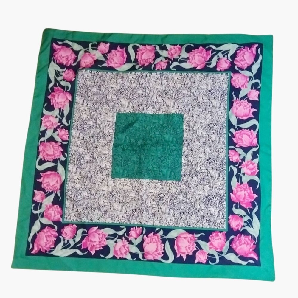 Floral Pattern Satin Scarf 28x28 Green Pink Rose
